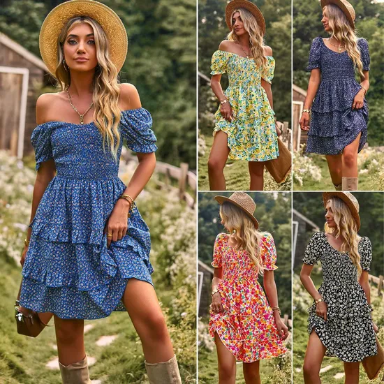 Summer Casual Floral Short Sleeve Tiered Dress 