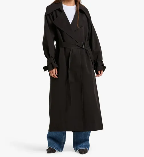 Black Cotton Rayon Blend Long Trench Coat for Women with PU Buckle 