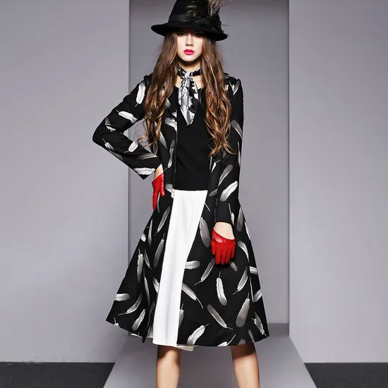 Factroy Custom Made Fashion Ladies Newest Feathre Print Trench Coat 
