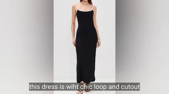 Women′ S High Stretch Knit Rib Back Cutout and Contrast Trim Maxi Length Sleeveless Dress, with Scoop Neck and Adjustable Shoulder Straps 