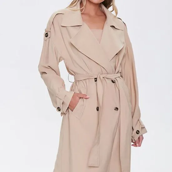 Women′s Khaki Classic Big Lapel Windproof Outwear Casual Trench Coat 