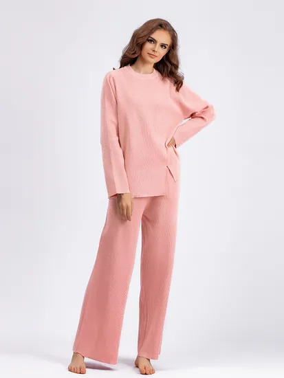 Korean Style Knitted Set Wide Leg Pants Loose Sweater with Small Front Slit 